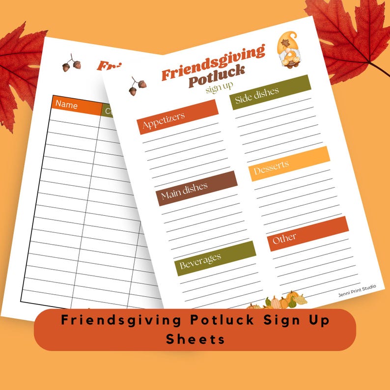Printable Friendsgiving Holiday Potluck Dinner Party Sign up Sheet Food ...