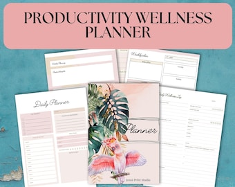 Printable Planner for Productivity and Wellness, Daily Weekly Monthly Pretty Planner Organization for Optimal Productivity