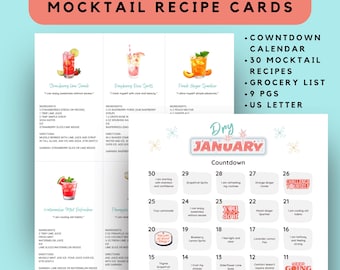 Dry January Countdown, 30 Printable Mocktail Recipe Cards, Non-Alcoholic Beverage Guide, Cocktail Alternatives