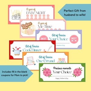Mother’s Day Coupon Book from Husband, Printable New Mom Gift Idea, Mom Appreciation Coupons, First Mother’s Day Printable Vouchers