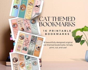 Cute Cat Reading Books Printable Bookmarks Bundle, Inspirational Quotes, Instant Download PDF, 16 Print at home Bookmarks