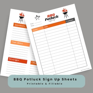 BBQ Potluck Sign-up Sheet, Fillable Editable Printable PDF, Summer Celebration Event Party Planning, Holiday BBQ Potluck Dinner Meal Plan