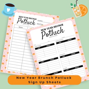 Puede incluir: Dos hojas rosas de inscripción para el brunch de Año Nuevo Potluck con un patrón de panqueques y corazones. Las hojas tienen secciones para nombres, platos y detalles de aportación. El texto "New Year Brunch Potluck Sign Up Sheets" se muestra en una pancarta naranja.