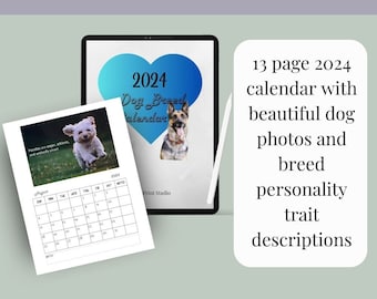 2024 Printable Dog Breed Monthly Calendar | Dog Lover Calendar | Sunday Start Calendar