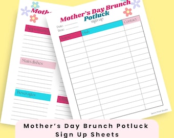 Op de afbeelding: Twee witte Mother's Day Brunch Potluck inschrijvingsvellen met roze, blauwe en groene accenten. De vellen hebben secties voor hapjes, hoofdgerechten en drankjes. De tekst "Mother's Day Brunch Potluck Sign Up Sheets" wordt weergegeven.