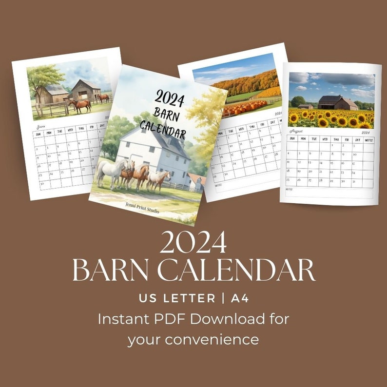 2024 Barn Calendar Printable Instant Download Monthly Desk Calendar
