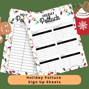 Op de afbeelding: Twee witte Holiday Potluck inschrijvingsvellen met een feestelijk ontwerp. De vellen bevatten secties voor voorgerechten, hoofdgerechten, bijgerechten, drankjes, desserts en andere gerechten. De bovenkant van de vellen is versierd met kleurrijke kerstverlichting.