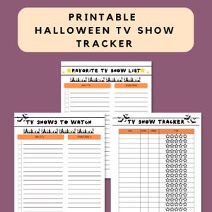 Op de afbeelding: Printbare Halloween TV Show Tracker met drie verschillende sjablonen. De bovenste sjabloon heet "Favoriete tv-programmalijst". De andere twee sjablonen heten "Tv-programma's om te bekijken" en "Tv-programma-tracker". Alle sjablonen hebben ruimte om programmatitels te schrijven.