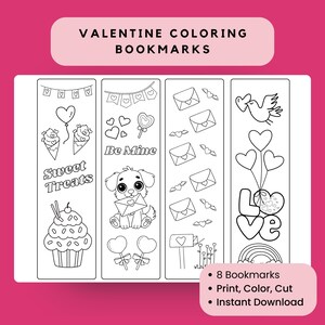 Valentine Coloring Bookmarks: Printable Bookmark, DIY Kid's Activity ...