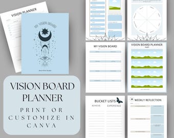 May include: A printable vision board planner with a celestial theme. The planner includes sections for a vision board, bucket lists, weekly reflection, and a wheel of life. The planner is designed to help you visualize your goals and dreams.