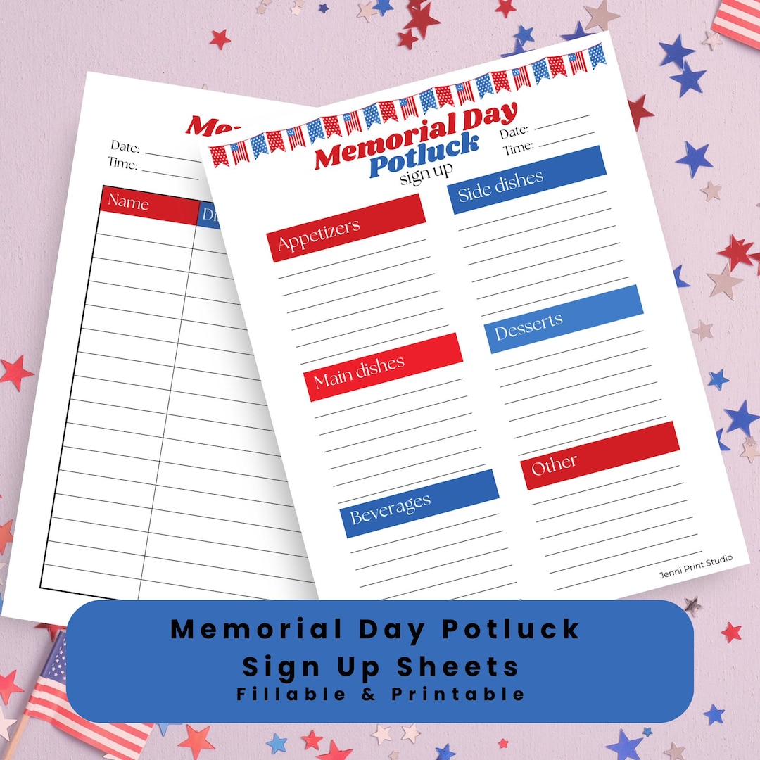 Memorial Day Potluck Sign-up Sheet Fillable Printable, Memorial Day