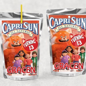 May include: Two Capri Sun juice pouches with a red panda and a group of cartoon characters. The pouches are decorated with the text "Capri Sun All Natural" and "Turning 13". The name "Gracen" is printed on the bottom of each pouch.