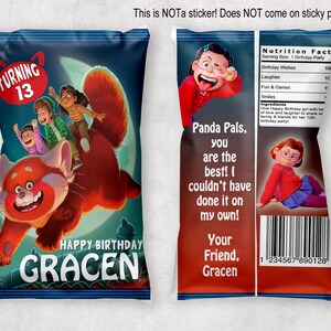 May include: A red panda with a moon behind it, with three children riding on its back. The text "Turning 13" is in a circle above the panda. The text "Happy Birthday Gracen" is below the panda. The background is a dark blue with stars. The right side of the image is a red bag with the text "Panda Pals, you are the best! I couldn't have done it on my own! Your Friend, Gracen" and a barcode.