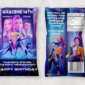 May include: A colorful chip bag design with the text "GRACENS 14TH WORLD TOUR" and "HAPPY BIRTHDAY". The bag features illustrations of animated characters and the text "HUNTRIXX, WE SHOWED THEM HOW IT'S DONE, DONE DONE! THANKS FOR COMING!"