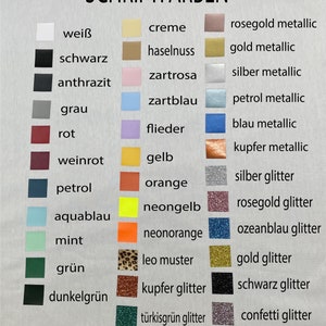 May include: A chart showing different colors and finishes for lettering. The colors include white, black, gray, red, wine red, petrol, aqua blue, mint, green, dark green, cream, hazelnut, pink, light blue, lavender, yellow, orange, neon yellow, neon orange, leopard print, copper glitter, turquoise glitter, silver glitter, rose gold glitter, ocean blue glitter, gold glitter, black glitter, confetti glitter, and red glitter. The finishes include metallic, glitter, and plain.
