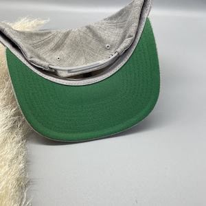 May include: A gray and green baseball cap with a green underside. The cap has a curved brim and a flat top.