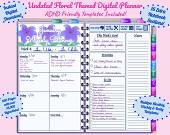 Undated Digital Planner, Floral Themed, ADHD-Friendly, GoodNotes, Penly, Notability Planner, Monthly, Weekly, Daily Templates, Monday Start