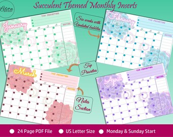 Succulent Flower Themed Printable Monthly Wall Calendar, Undated Monthly Planner Insert US Letter Sized PDF, Monday & Sunday Start