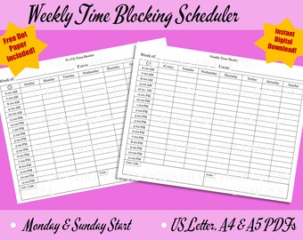Weekly Time Blocking Scheduler (Hour Increments)/ US Letter, A4 & A5 PDFs / Sunday Monday Start / 6-11 pm, 7-12 am, Custom Fillable Template