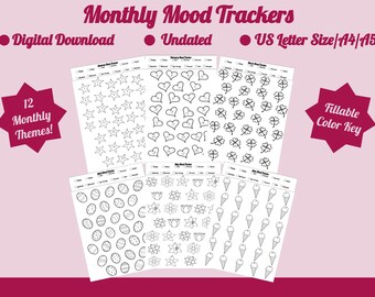 Monthly Mood Trackers Bundle, 12 Monthly Themes, US Letter/A4/A5 Size, Digital Download, Printable Bullet Journal Pages, PDF, PNG