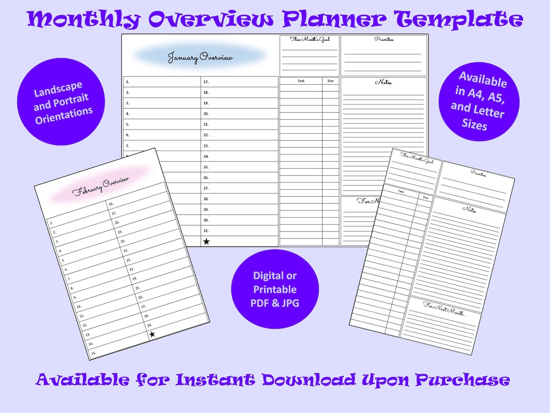 Monthly Overview Planner Template Digital Download Printable Calendar ...
