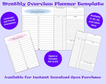 Monthly Overview Planner Template Digital Download Printable Calendar Organizer, US Letter, A4, A5 PDF/JPG (+ Free Dot Paper!)