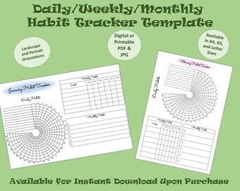 Daily/Weekly/Monthly Habit Tracker Template Digital Download Printable PDF/JPG, US Letter, A4, A5 (+ Free Dot Paper!)