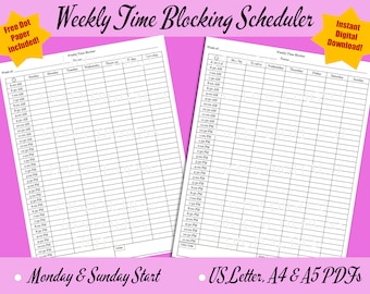 Weekly Time Blocker (Half Hour Increments) Digital US Letter, A4 & A5 PDFs / Sunday Monday Start / 6-11 pm, 7-12 am, Custom Times Template