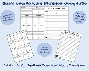 Task Breakdown Digital Printable Planner Template Download, US Letter, A4 & A5, PDF/JPG (+ Free Dot Paper!)