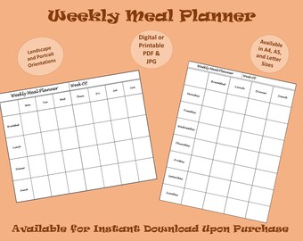 Weekly Meal Planner Template Digital Download Undated Printable Organizer, US Letter, A4, A5 PDF/JPG (+ Free Dot Paper!)