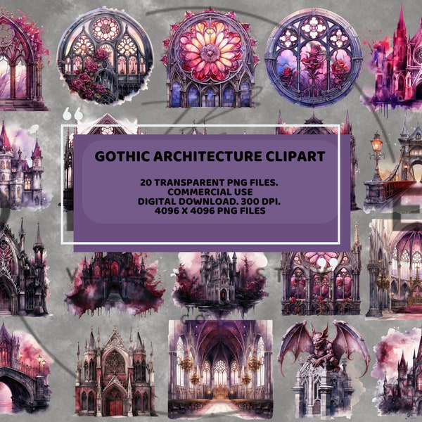 Gothic Architecture Clipart Set - 20 Watercolor Illustrations - Commercial Use - Digital Download - Gothic Architecture Theme