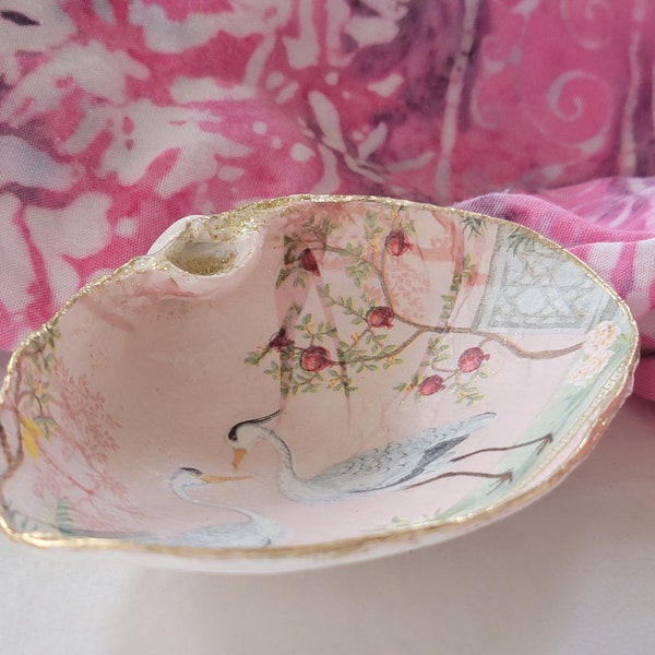 Bird Shell Dish-Gift For Her-Decoupage Shell- Jewelry Storage