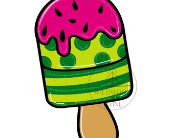 May include: A green and pink watermelon popsicle with a brown stick. The popsicle has a striped pattern and polka dots.