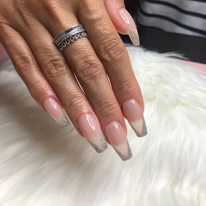 Silver French | Glitter | Medium Coffin | Fake Nails | Press On Nails | False Nails | Glue On Nails |