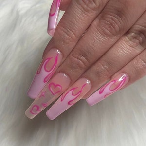 Pink Fire | XXL Coffin | Glossy | Fake Nails | Press On Nails | False Nails | Glue On Nails | Dream Come True Nails