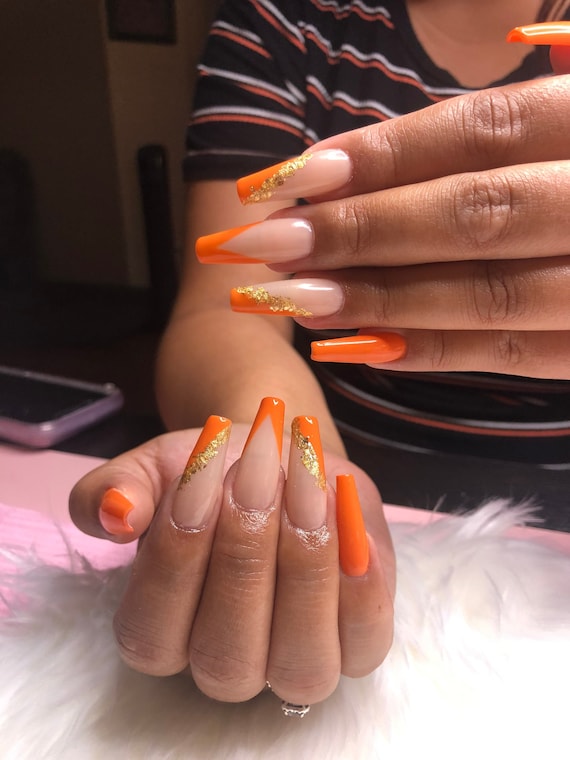 Summer Beach Ombre Orange Coffin Nails Press On Nails – BTArtbox Nails