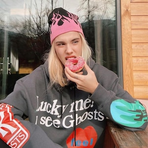 IFIKK Lucky Me I See Ghosts Hoodie Pullover Hip Hop Sweatshirt met capuchon Lange mouwen Capuchon Ronde hals Street Style Hoodie, Grijs print op de voorkant, L
