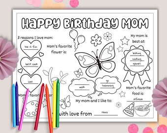 Happy Birthday Mom Coloring Page, Printable Birthday Card (Digital Download)