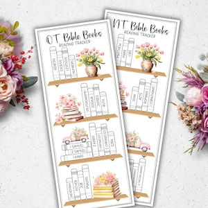 Op de afbeelding: Printbare Bijbel-leesvolgstickers met een bloemmotief. De stickers tonen boeken uit het Oude en Nieuwe Testament, met illustraties van bloemen, boeken en een vintage vrachtwagen.