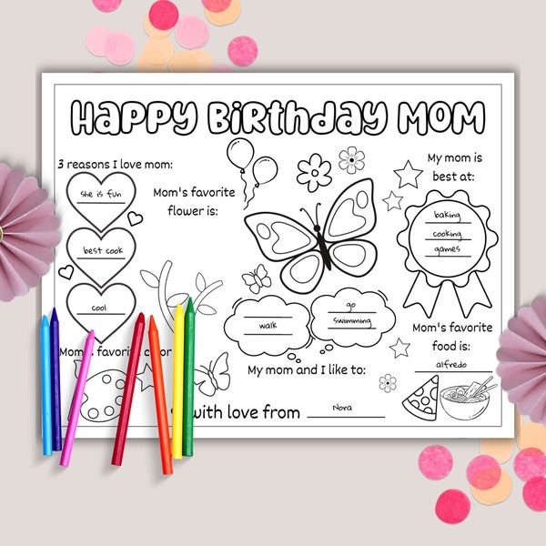 Printable Happy Birthday Mom Coloring Page, What I Love About Mom Birthday Printable From Kids, Birthday Craft For Mom, Printable Bday Card