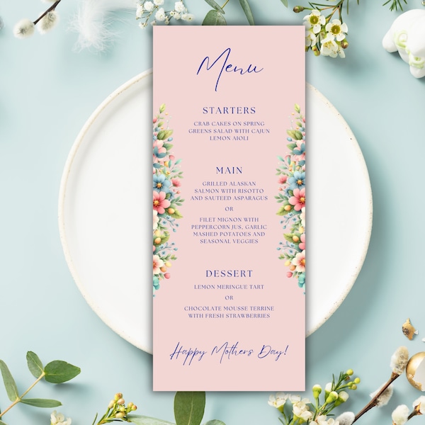 Mothers Day Menu Template, Pink Floral Menu Card Editable, Elegant Blush Wedding Menu Printable, Mothers Day Restaurant Dinner Flower Menu