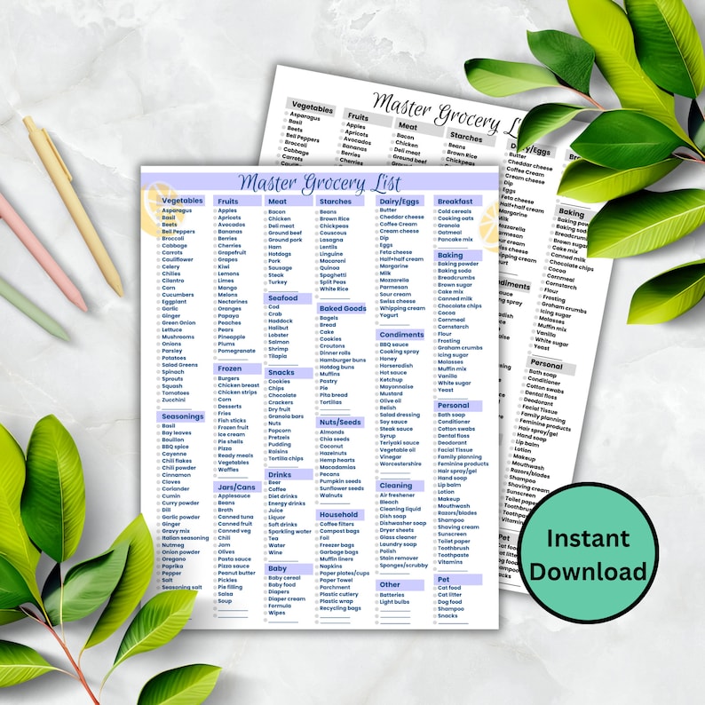 May include: A printable "Master Grocery List" with categories like vegetables, fruits, meat, and dairy. The list is on white paper with a light blue border and a lemon graphic. A green circle with the words "Instant Download" is in the bottom right.