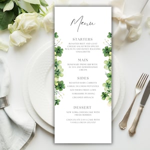 Szablon menu na dzień św. Patryka do edycji, karta menu na kolację weselną na dzień św. Patryka, eleganckie menu restauracji na dzień św. Patryka do wydrukowania menu na wieczór panieński