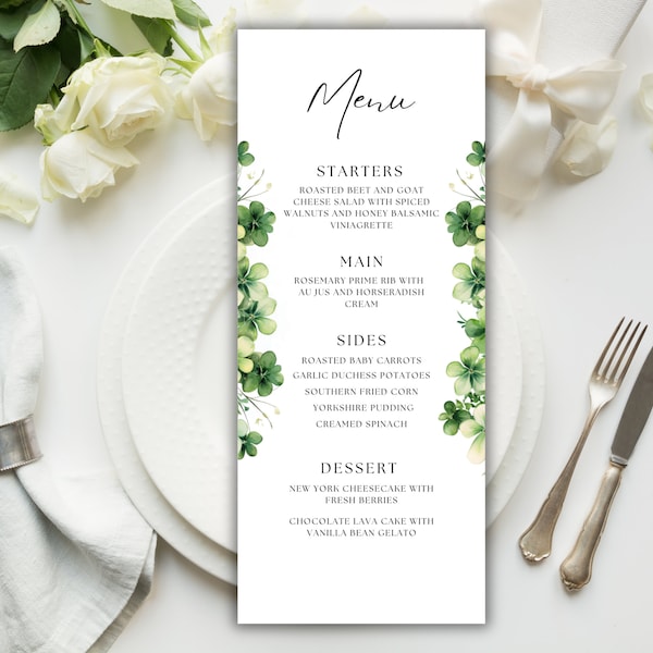 St. Patricks Menu Template Editable, St Patricks Wedding Dinner Menu Card, Elegant St Patricks Restaurant Menu Printable Bridal Shower Menu