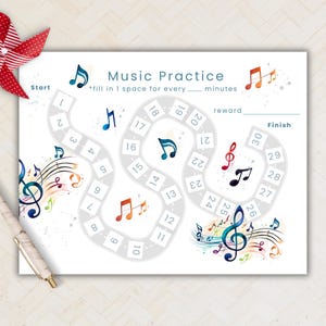 May include: A white music practice chart with a winding path numbered 1-30. The chart features musical notes in various colors, with the text "Music Practice" and spaces for minutes and rewards. A pen and a red and white bow are in the image.
