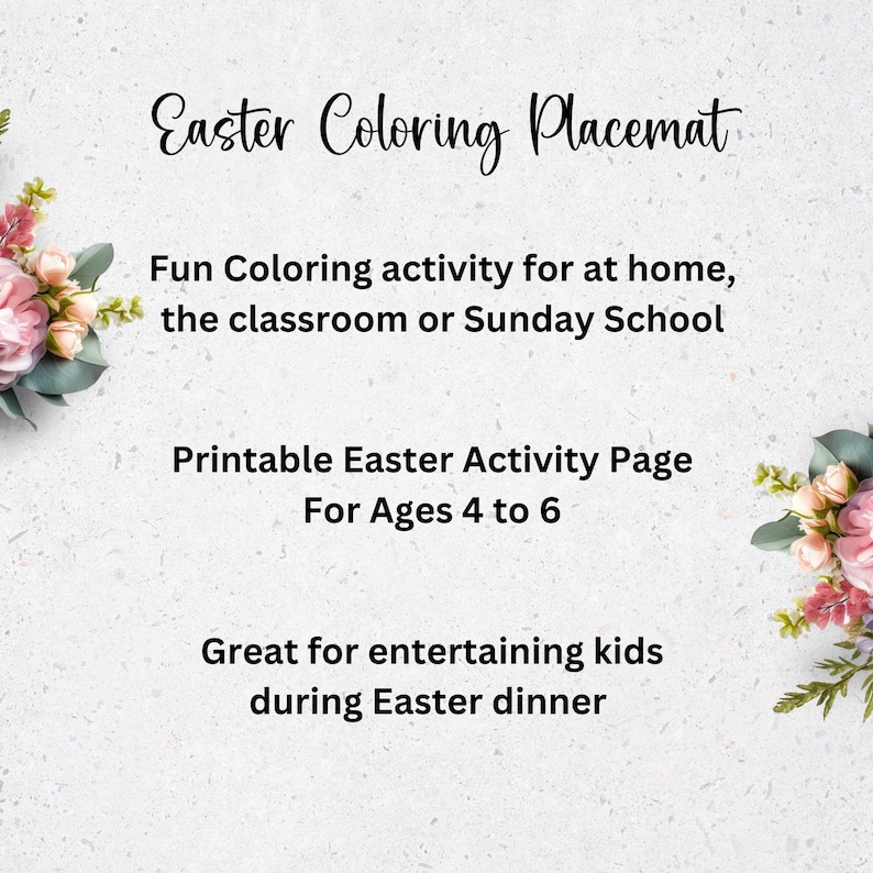 May include: Printable Easter coloring placemat for kids ages 4 to 6.  The placemat features a fun coloring activity for at home, the classroom, or Sunday School.  Great for entertaining kids during Easter dinner.