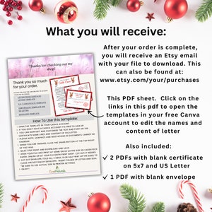 Peut inclure: Un mod&egrave;le de lettre du P&egrave;re No&euml;l imprimable en PDF. Le mod&egrave;le comprend un certificat, une enveloppe et une lettre. Le mod&egrave;le est disponible en format US Letter et 5x7. Le texte sur l'image indique "Merci d'avoir consult&eacute; ma boutique !" et "Merci beaucoup pour votre commande."