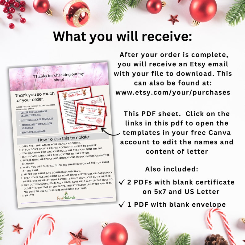 Peut inclure: Un mod&egrave;le de lettre du P&egrave;re No&euml;l imprimable en PDF. Le mod&egrave;le comprend un certificat, une enveloppe et une lettre. Le mod&egrave;le est disponible en format US Letter et 5x7. Le texte sur l'image indique "Merci d'avoir consult&eacute; ma boutique !" et "Merci beaucoup pour votre commande."