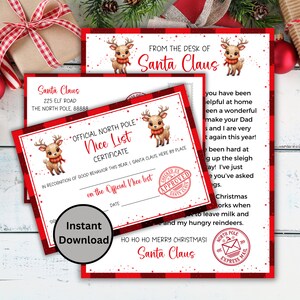 Peut inclure: Un certificat de No&euml;l imprimable avec un fond en tissu &eacute;cossais rouge et blanc. Le certificat est pour une "Nice List" et est de la part du P&egrave;re No&euml;l. Le certificat pr&eacute;sente un renne de dessin anim&eacute; et un tampon rouge "Approuv&eacute;".
