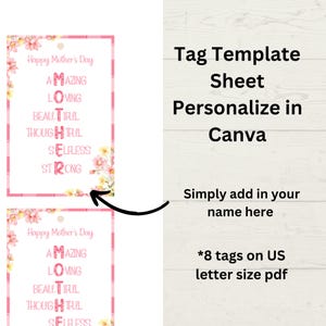 May include: Printable Mother's Day gift tags with a pink and white checkered background and floral accents. The text reads "Happy Mother's Day" and spells out "MOTHER" with words like "Amazing", "Loving", "Beautiful", "Thoughtful", "Selfless", and "Strong". The text also includes "Tag Template Sheet, Personalize in Canva, Simply add in your name here, *8 tags on US letter size pdf".